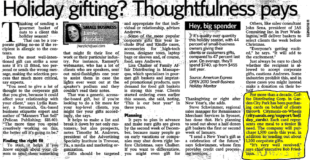 Newsday Article on Corporate Gift Giving